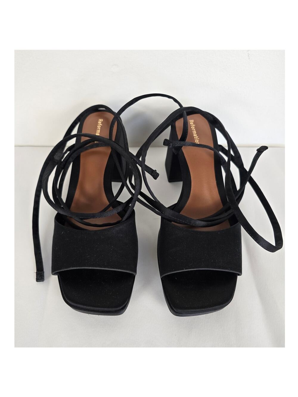 Reformation Magda Tie Platform Heels Black Satin Wrap Sandal Sz 7